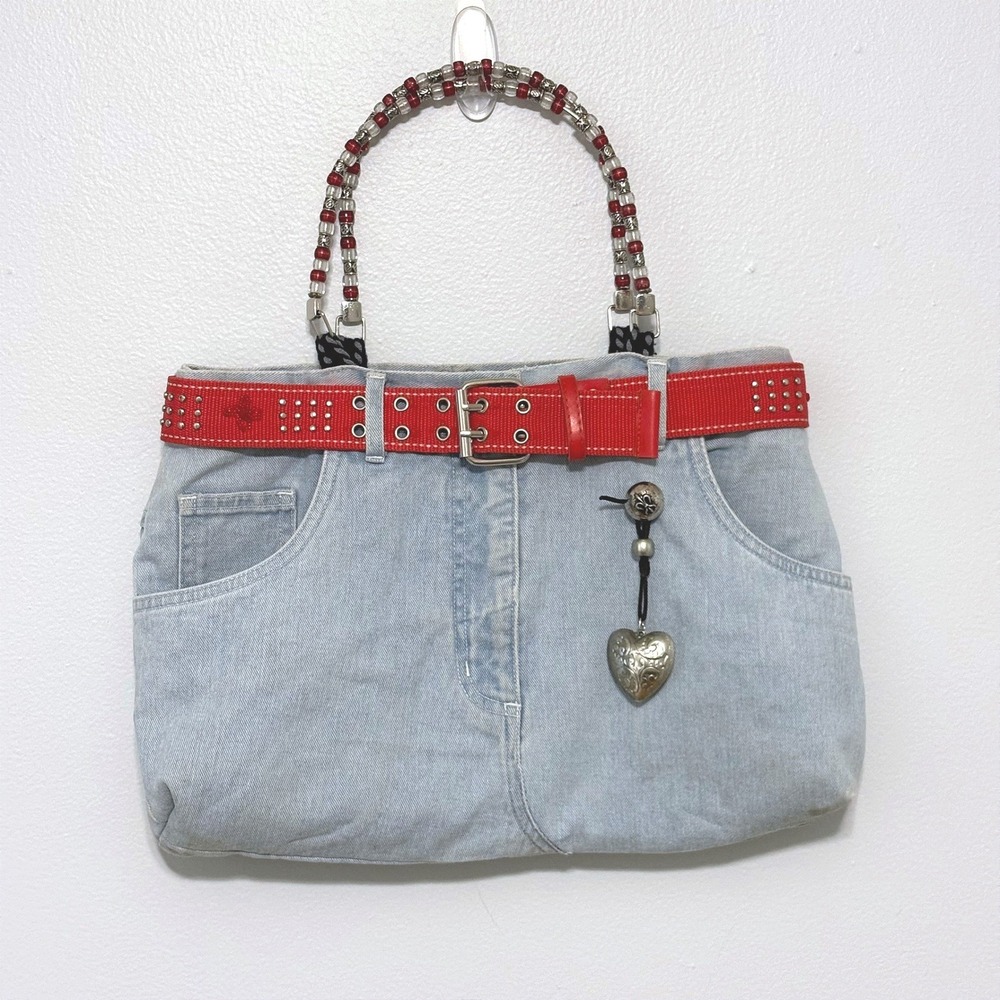 Handmade Upcycled Denim Jean Bag Red Studded Belt‎ Beaded Handles Heart Charm